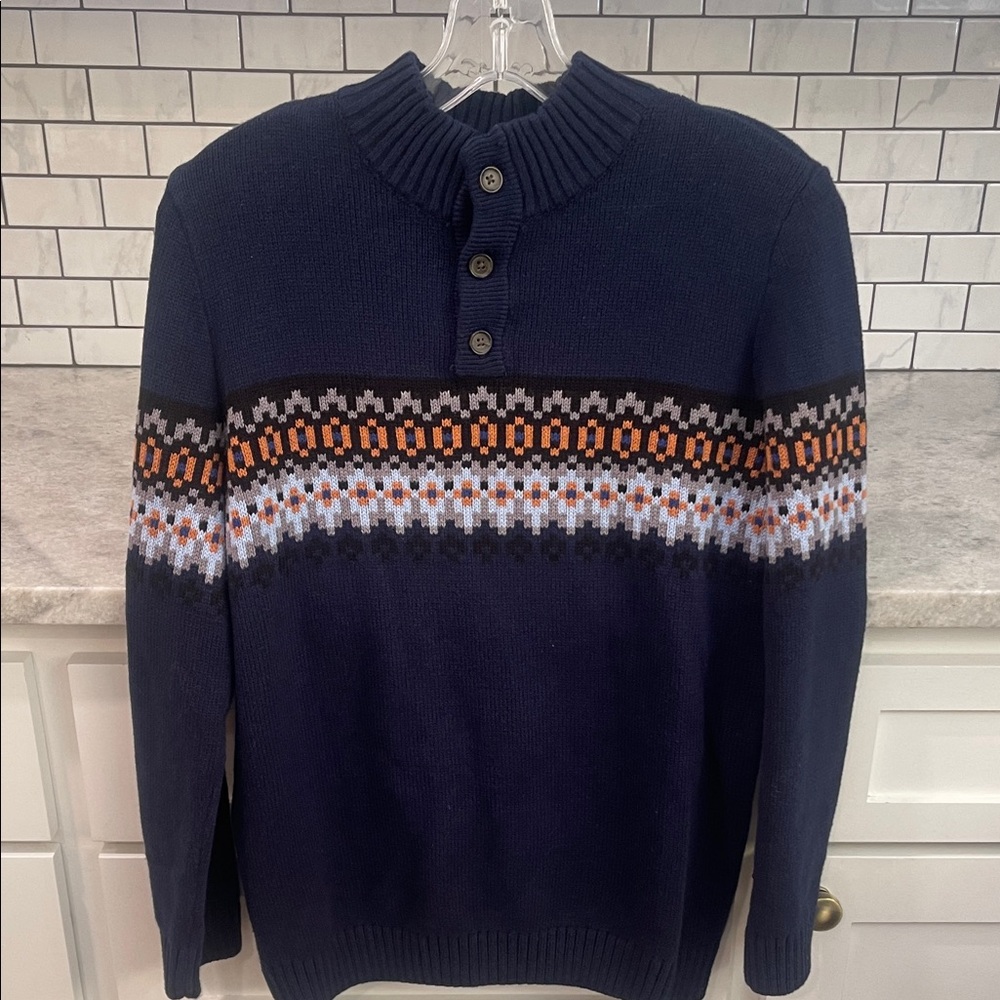 Sonoma Fair Isle‎ Sweater Boys Large 14/16 Navy and Orange Preppy Classic School